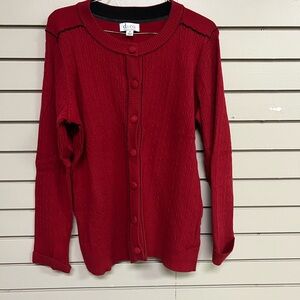 Denim&Co. Women’s Red / Blk Trim Button Doen Cardigan. Size M. Like New!